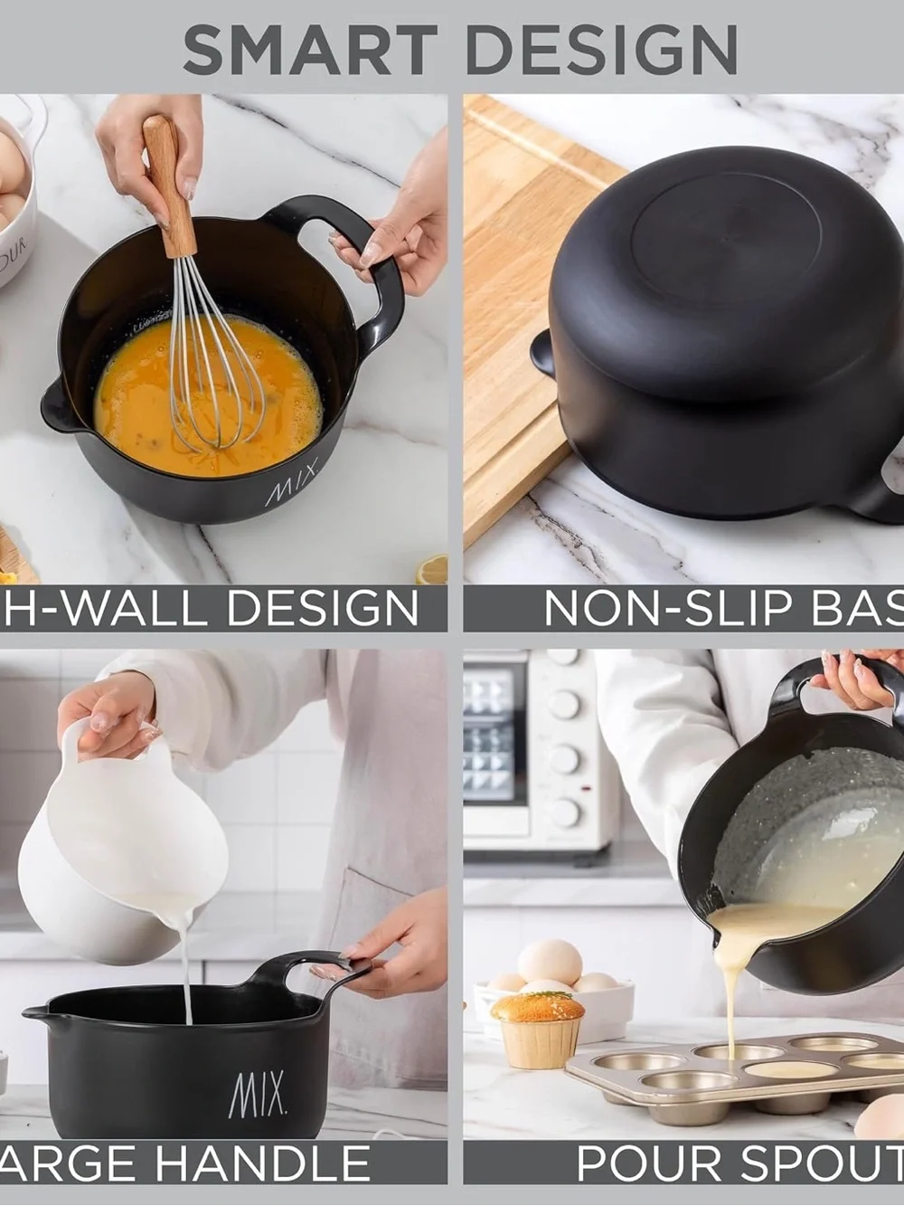 Rae Dunn Black & White Stackable Ceramic Prep Bowls - MIX STIR BAKE POUR